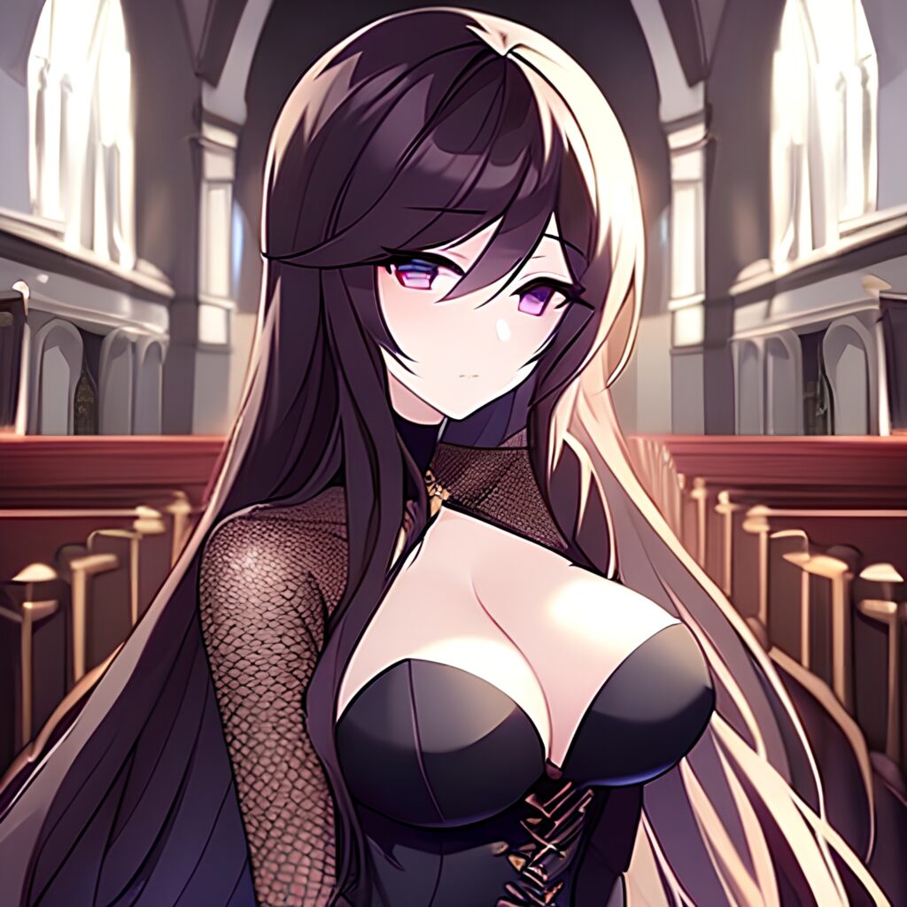 woman messy hair brunette long hair church fishnet 