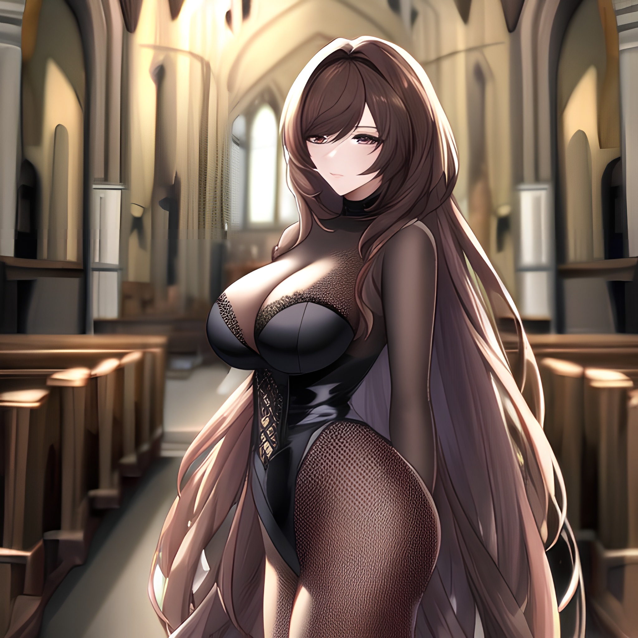 woman messy hair brunette long hair church fishnet 