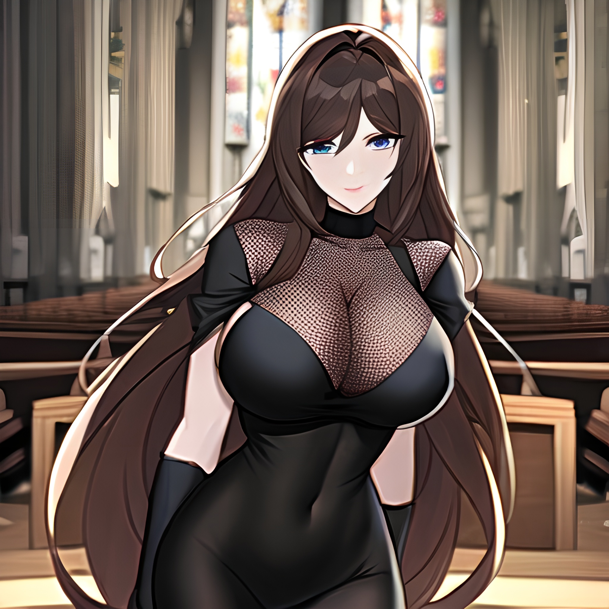 woman messy hair brunette long hair church fishnet 