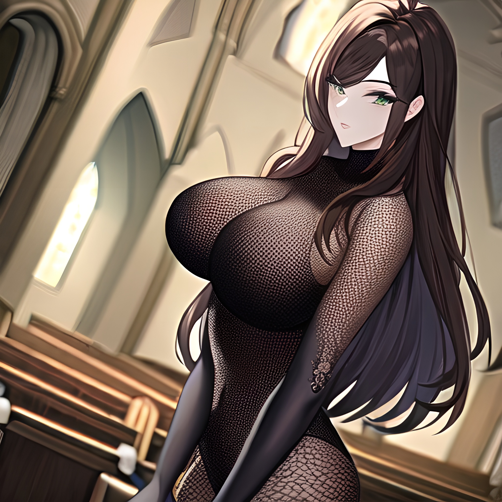 woman messy hair brunette long hair church fishnet