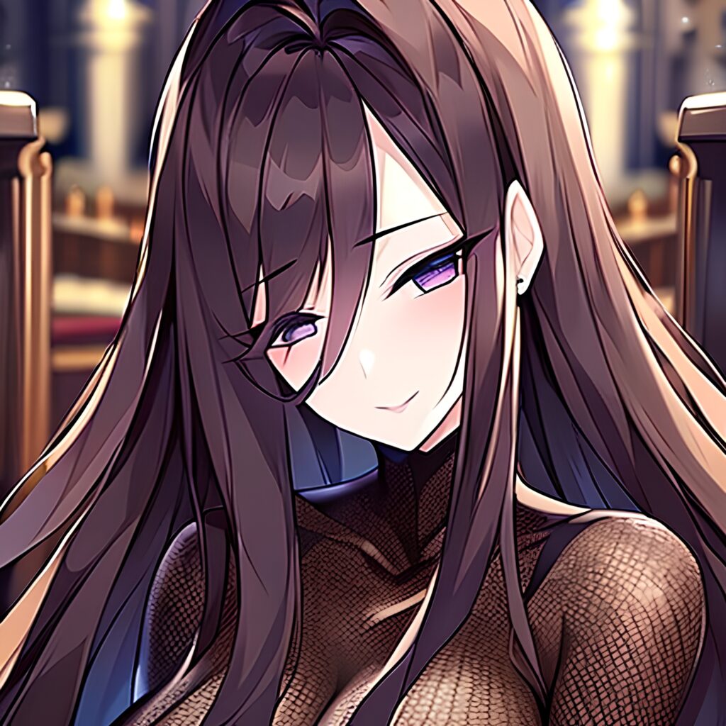 woman messy hair brunette long hair church fishnet 