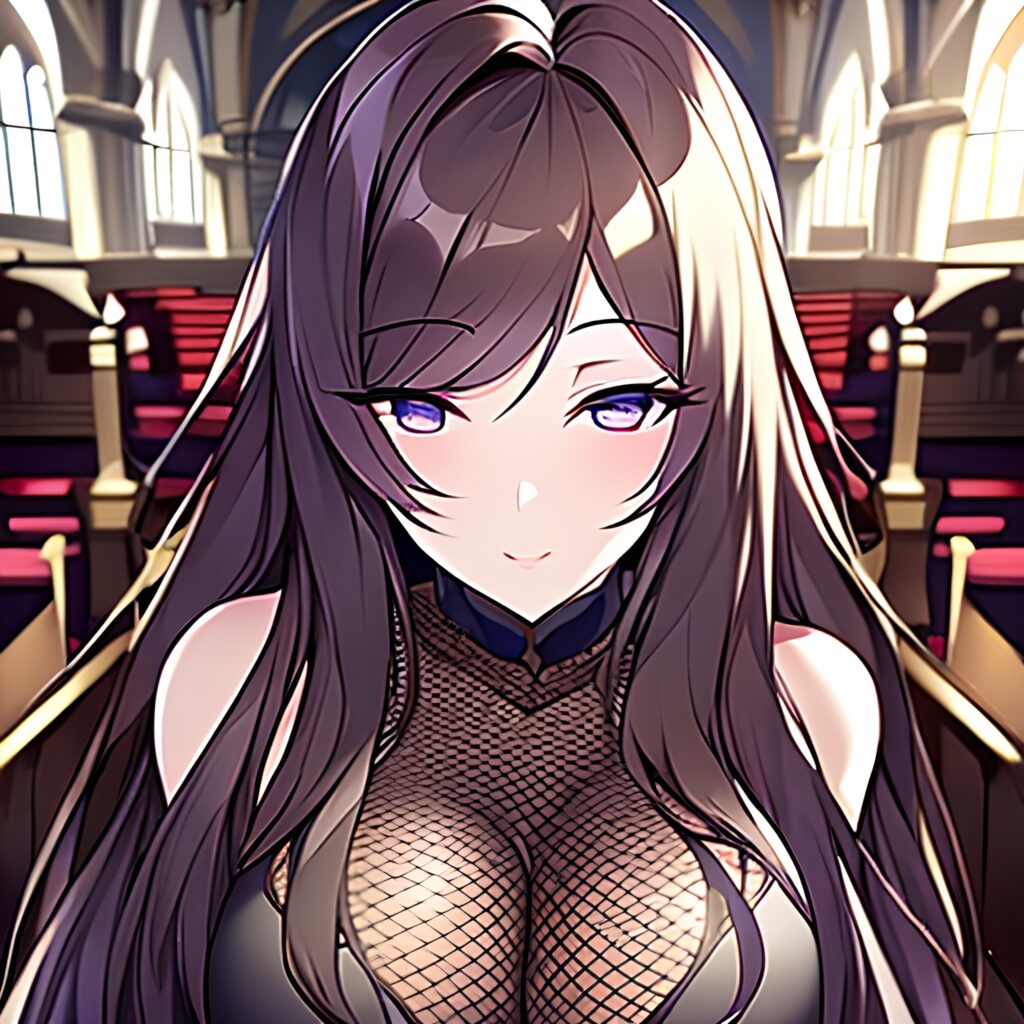woman messy hair brunette long hair church fishnet 