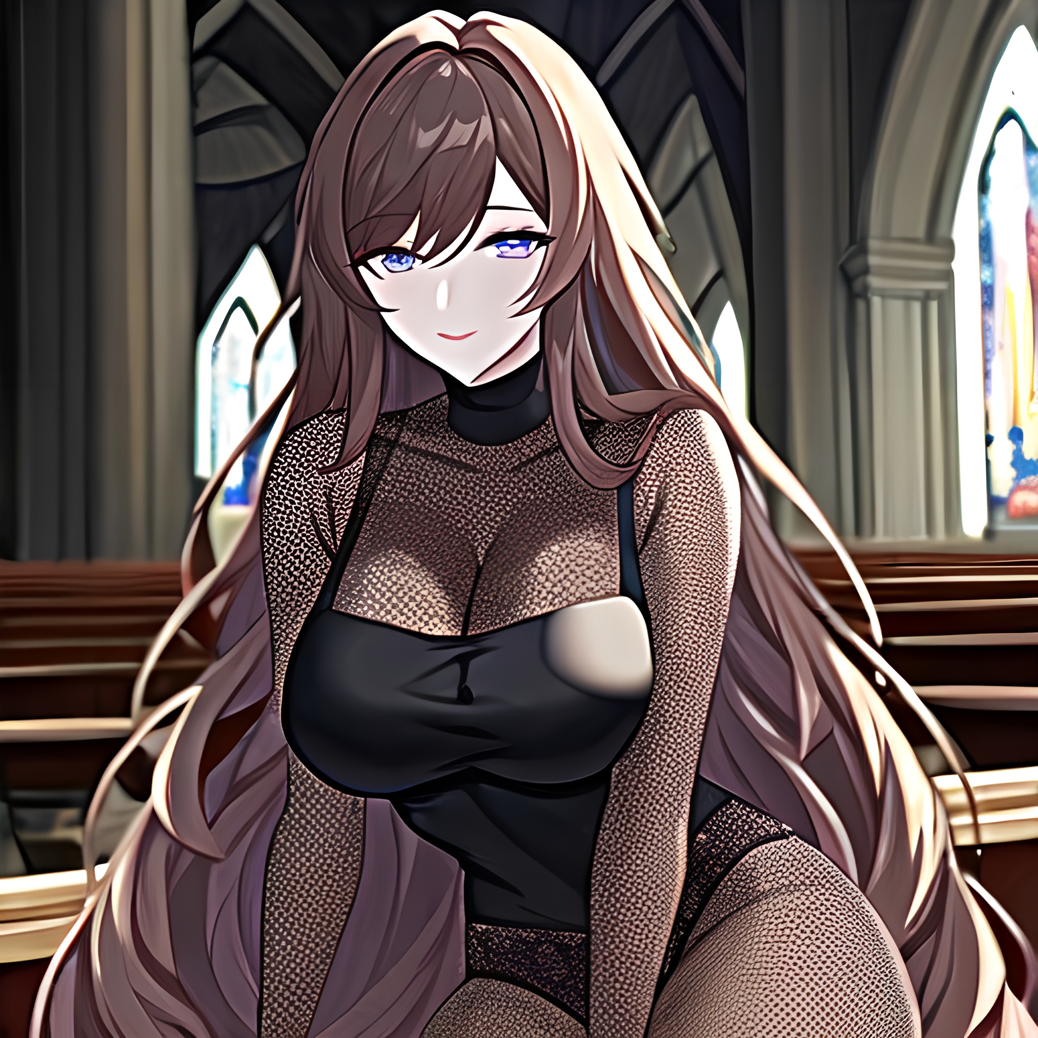 woman messy hair brunette long hair fishnet church