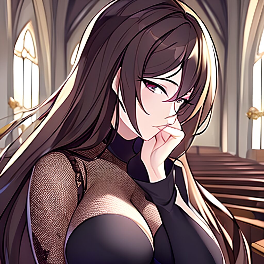 woman messy hair brunette long hair fishnet church 