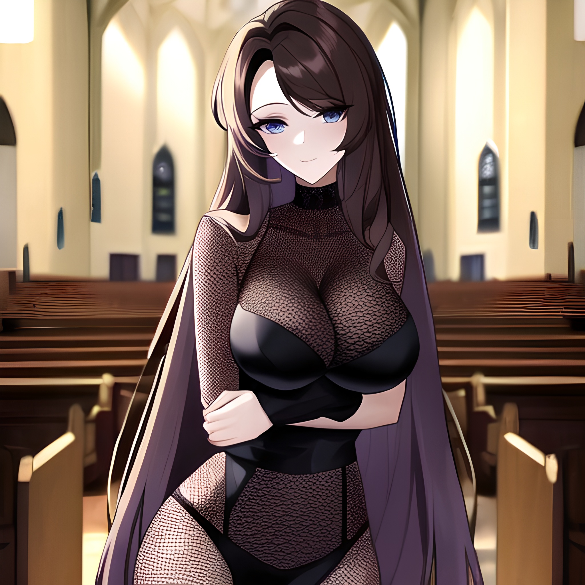 woman messy hair church brunette long hair fishnet 