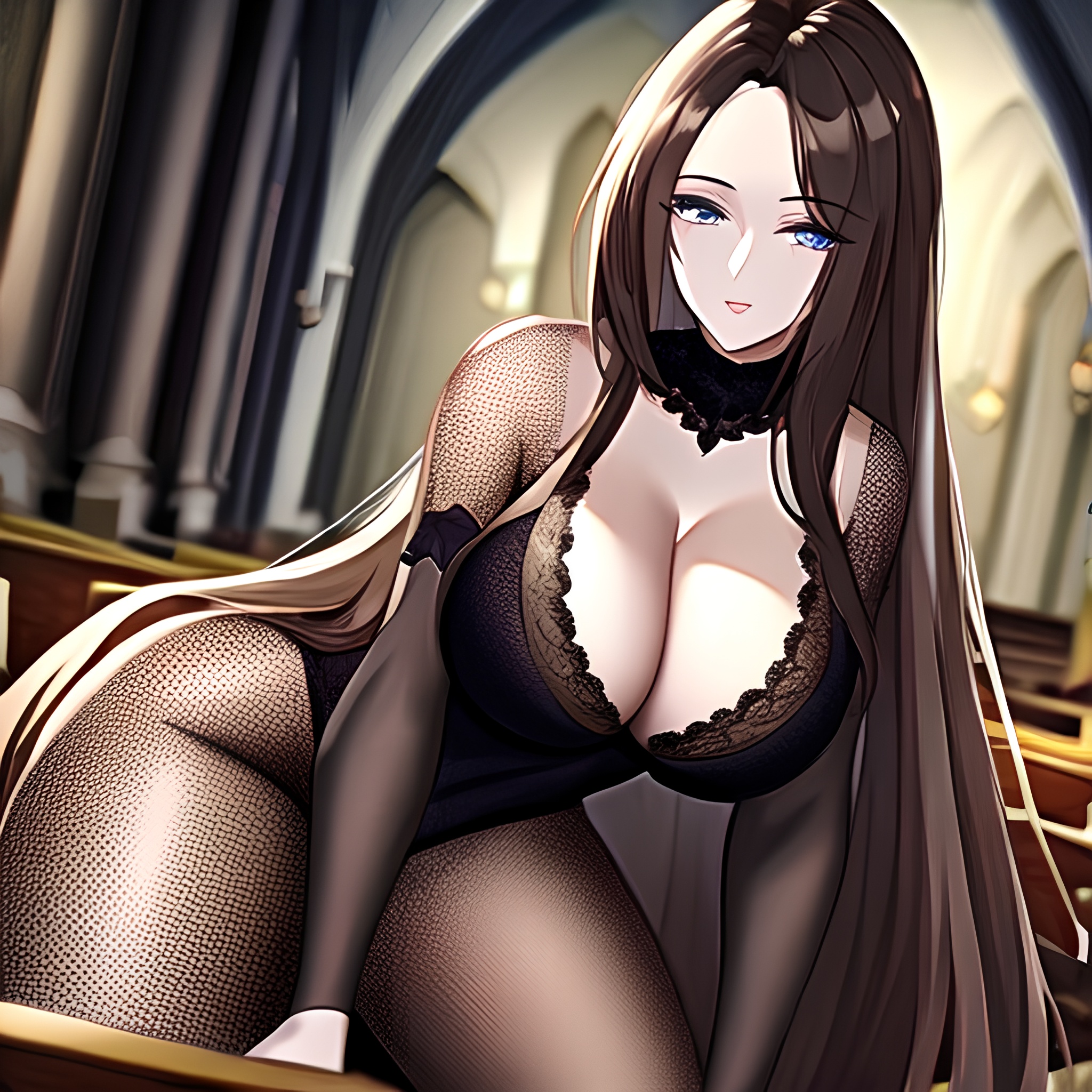 woman messy hair church brunette long hair fishnet 