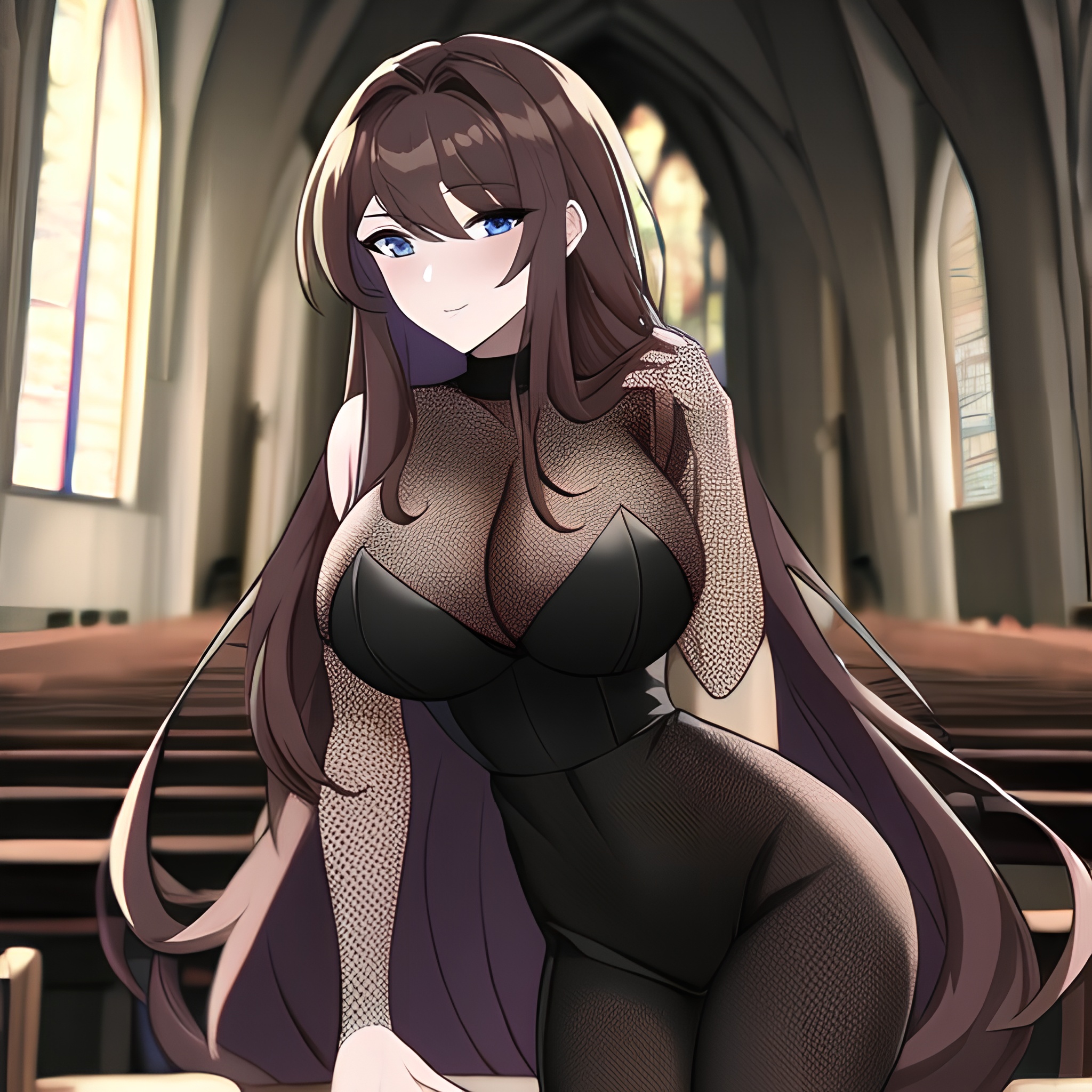 woman messy hair church brunette long hair fishnet 