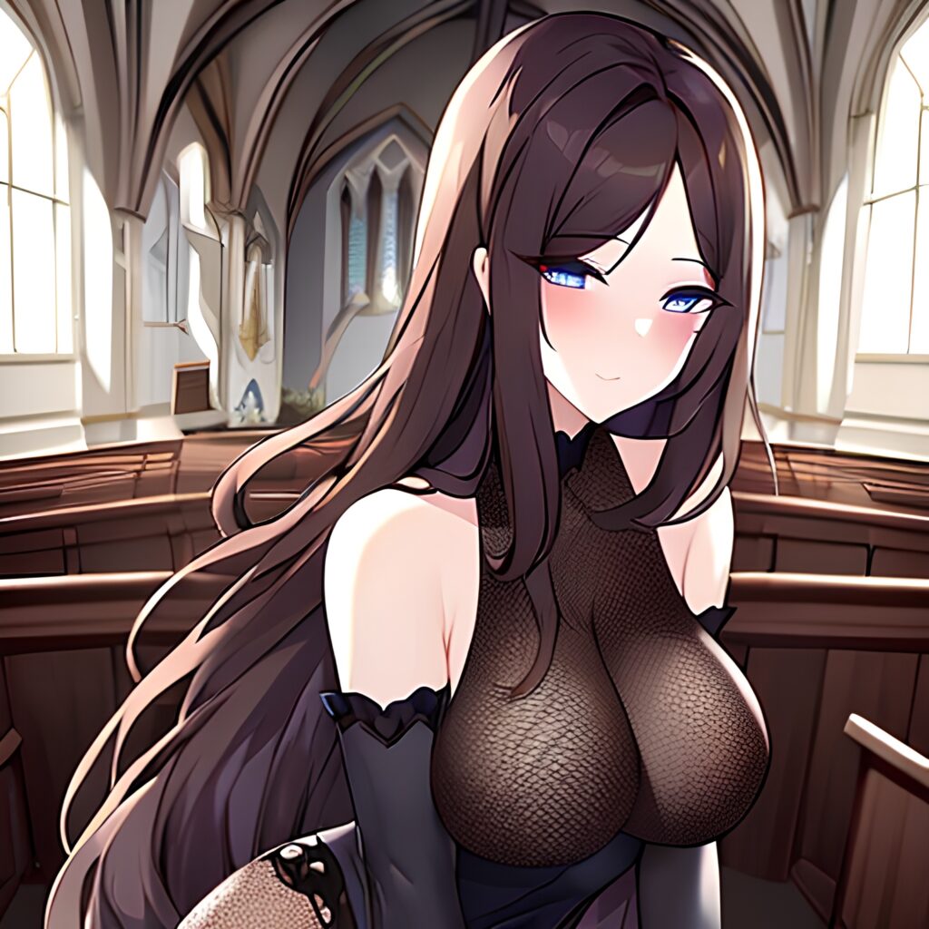 woman messy hair church fishnet brunette long hair 