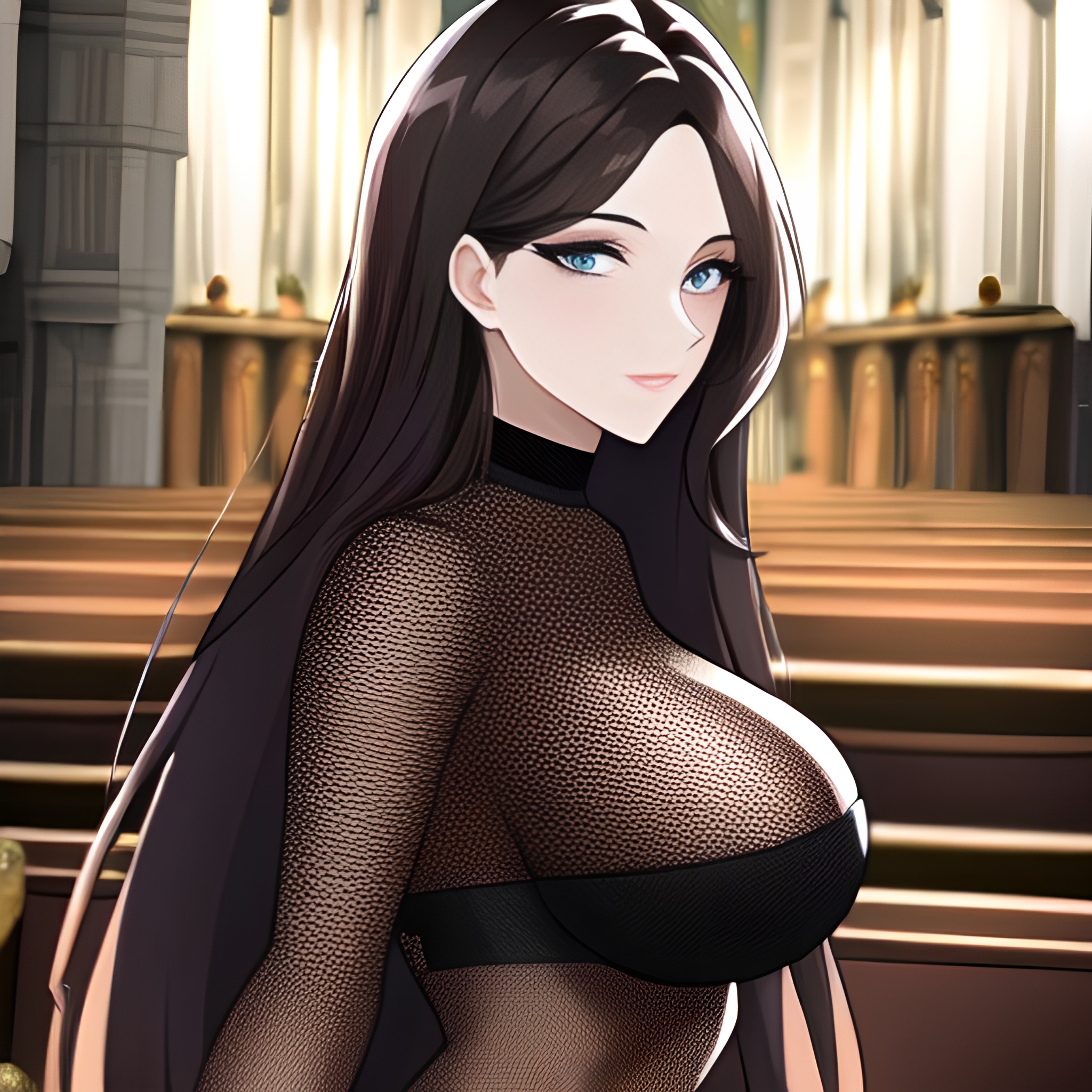 woman messy hair church fishnet brunette long hair 