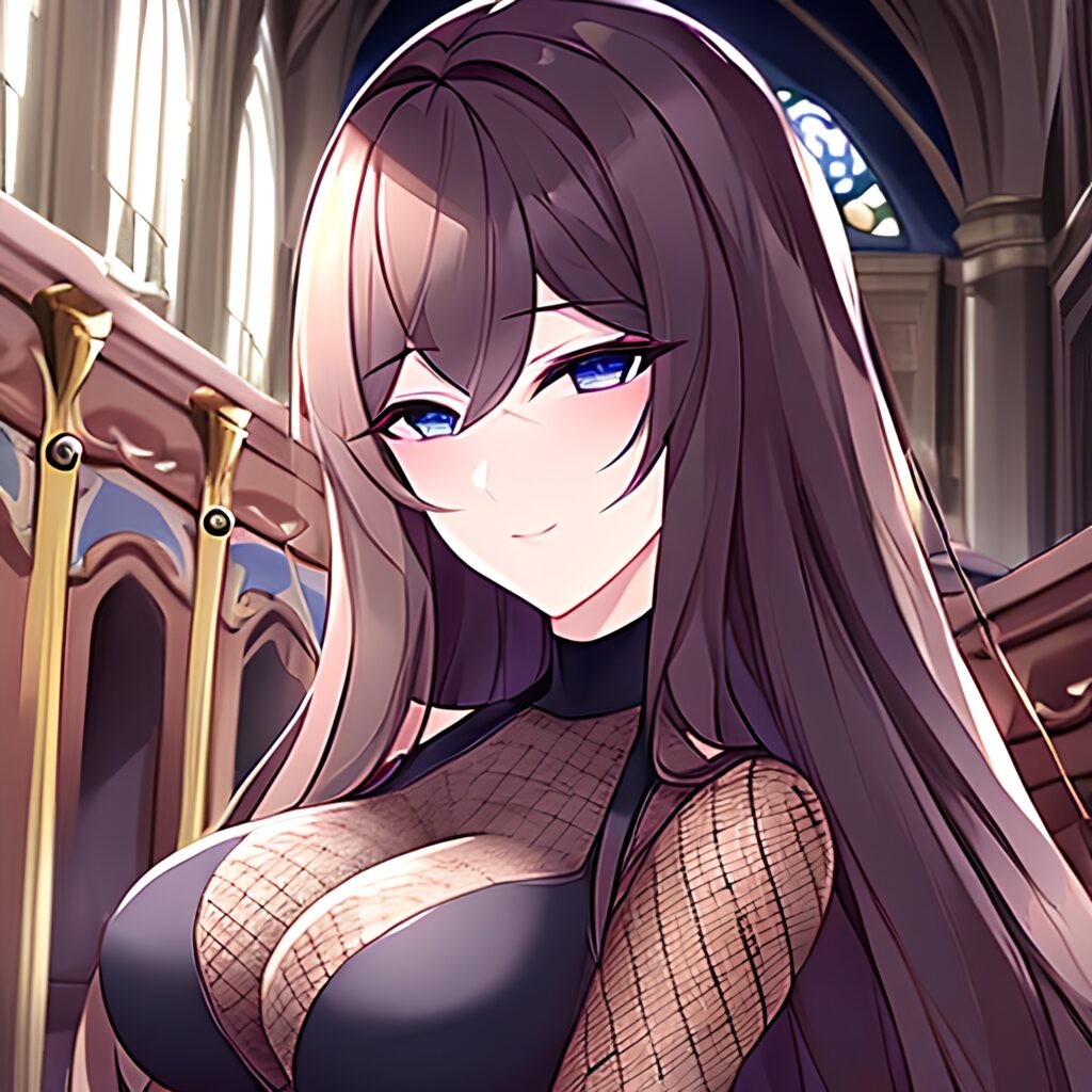 woman messy hair church fishnet long hair brunette 