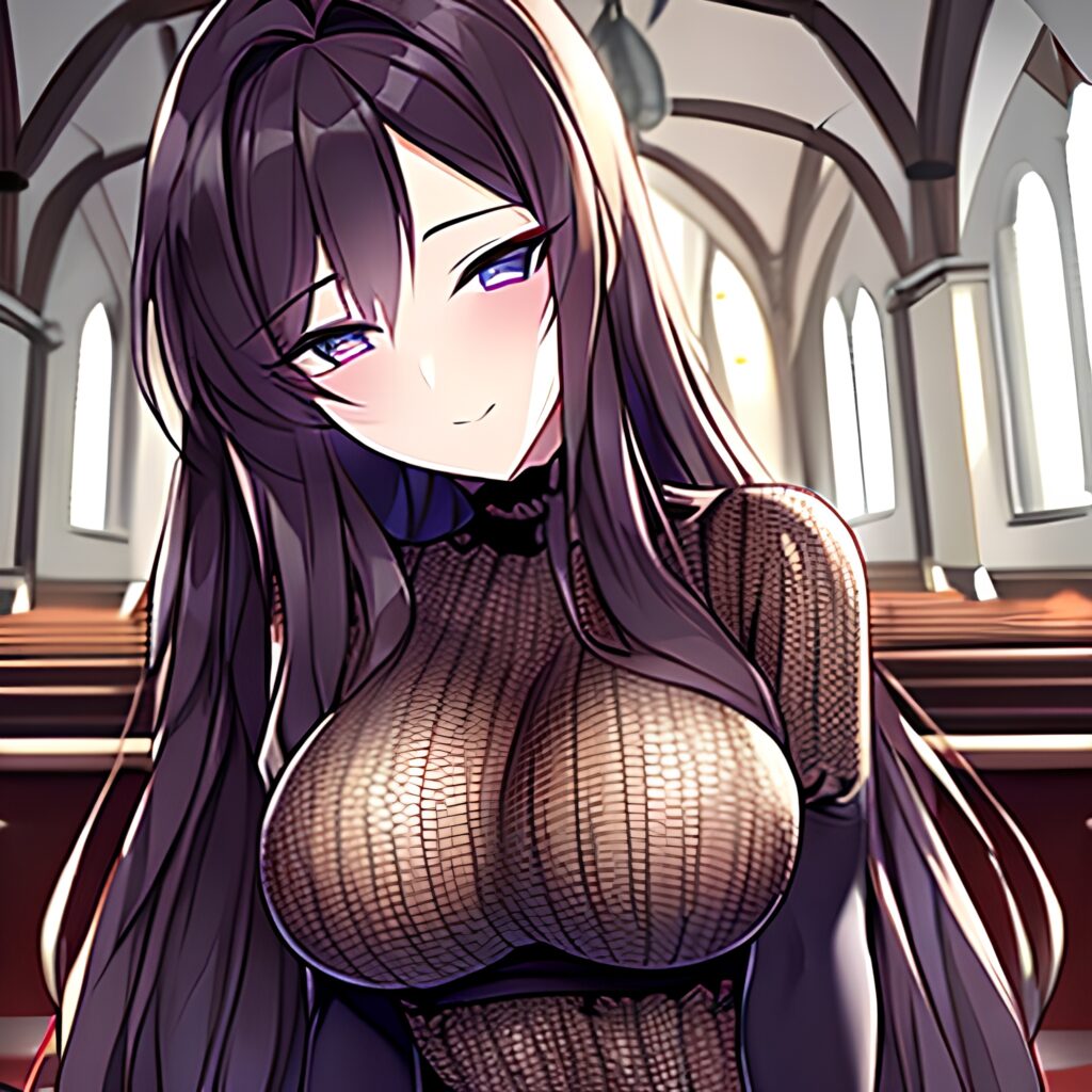 woman messy hair church fishnet long hair brunette 