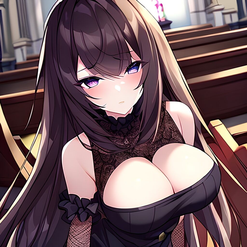 woman messy hair church fishnet long hair brunette 