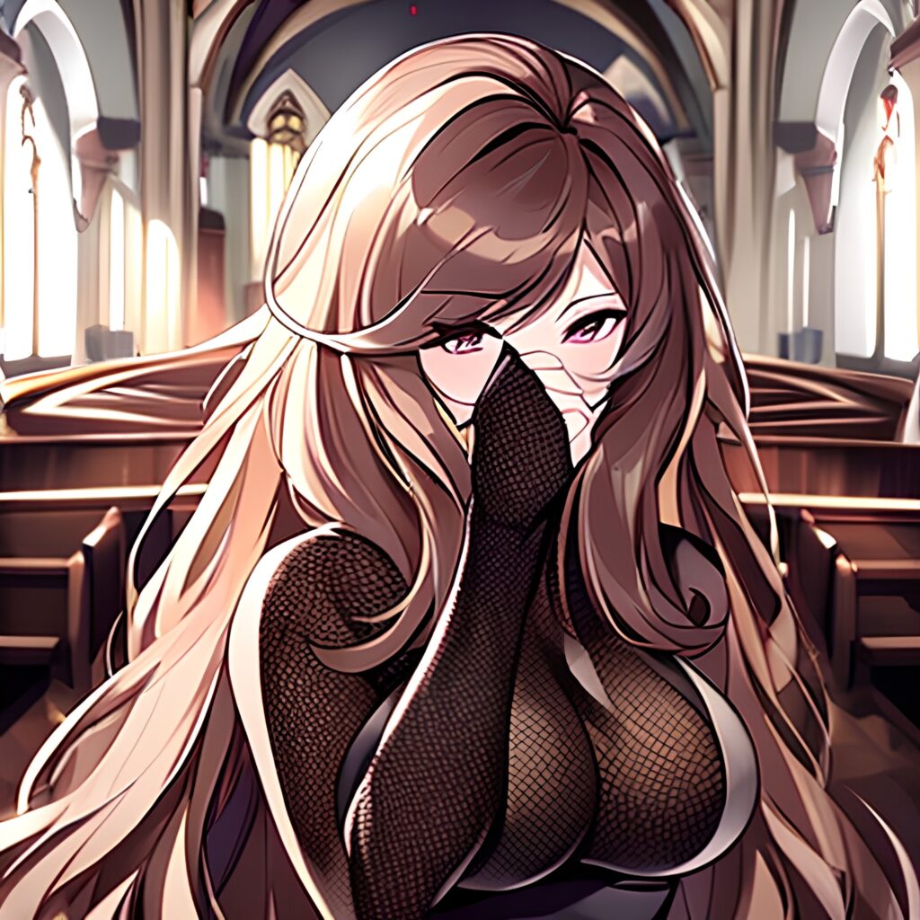 woman messy hair church fishnet long hair brunette 