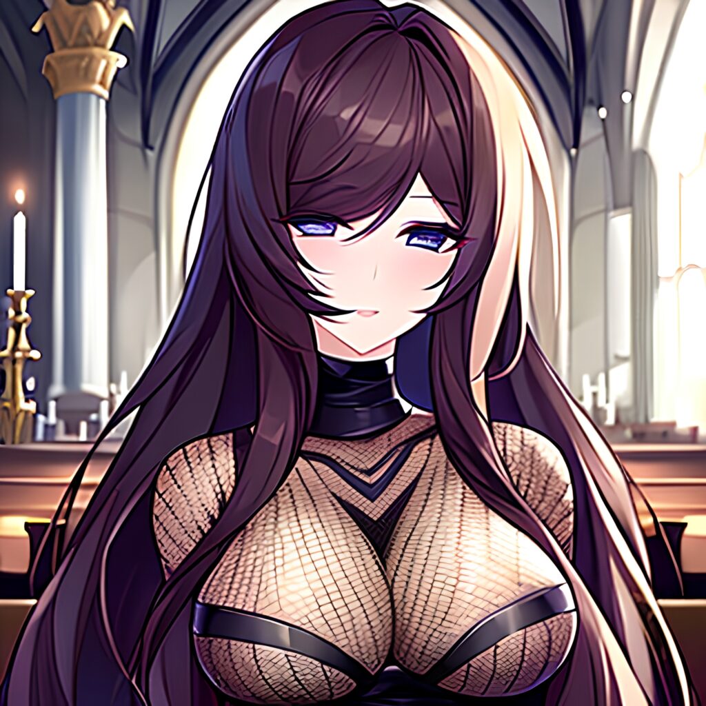 woman messy hair church fishnet long hair brunette 