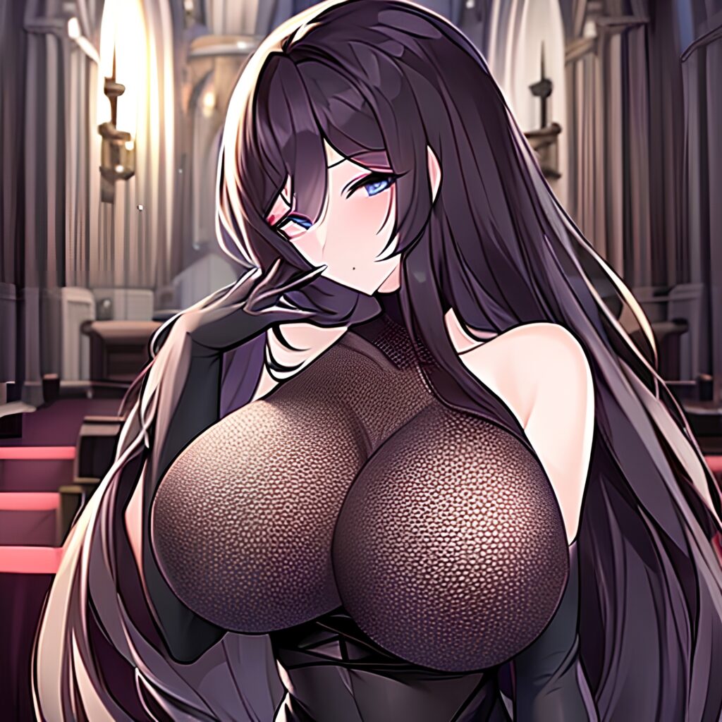 woman messy hair church fishnet long hair brunette 