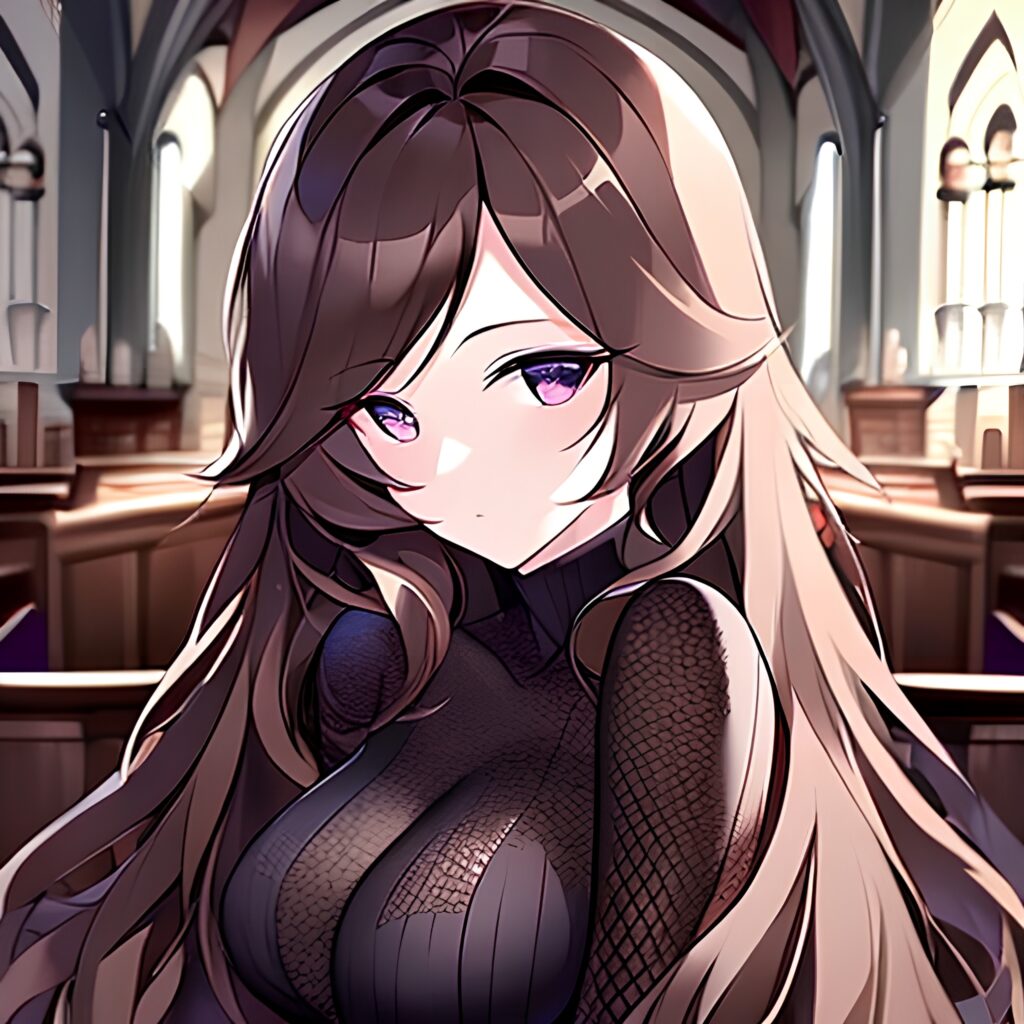 woman messy hair church long hair brunette fishnet 