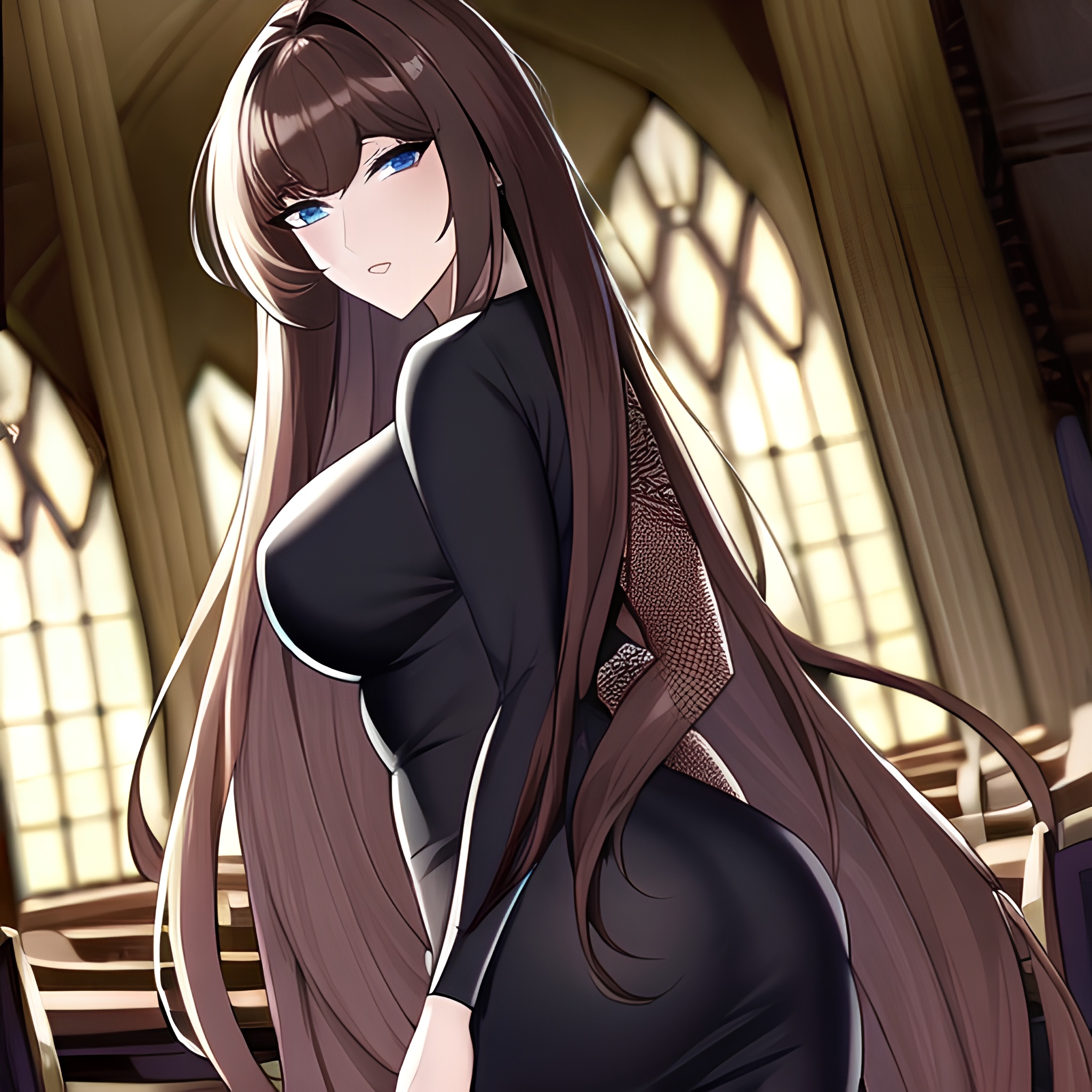 woman messy hair church long hair fishnet brunette 