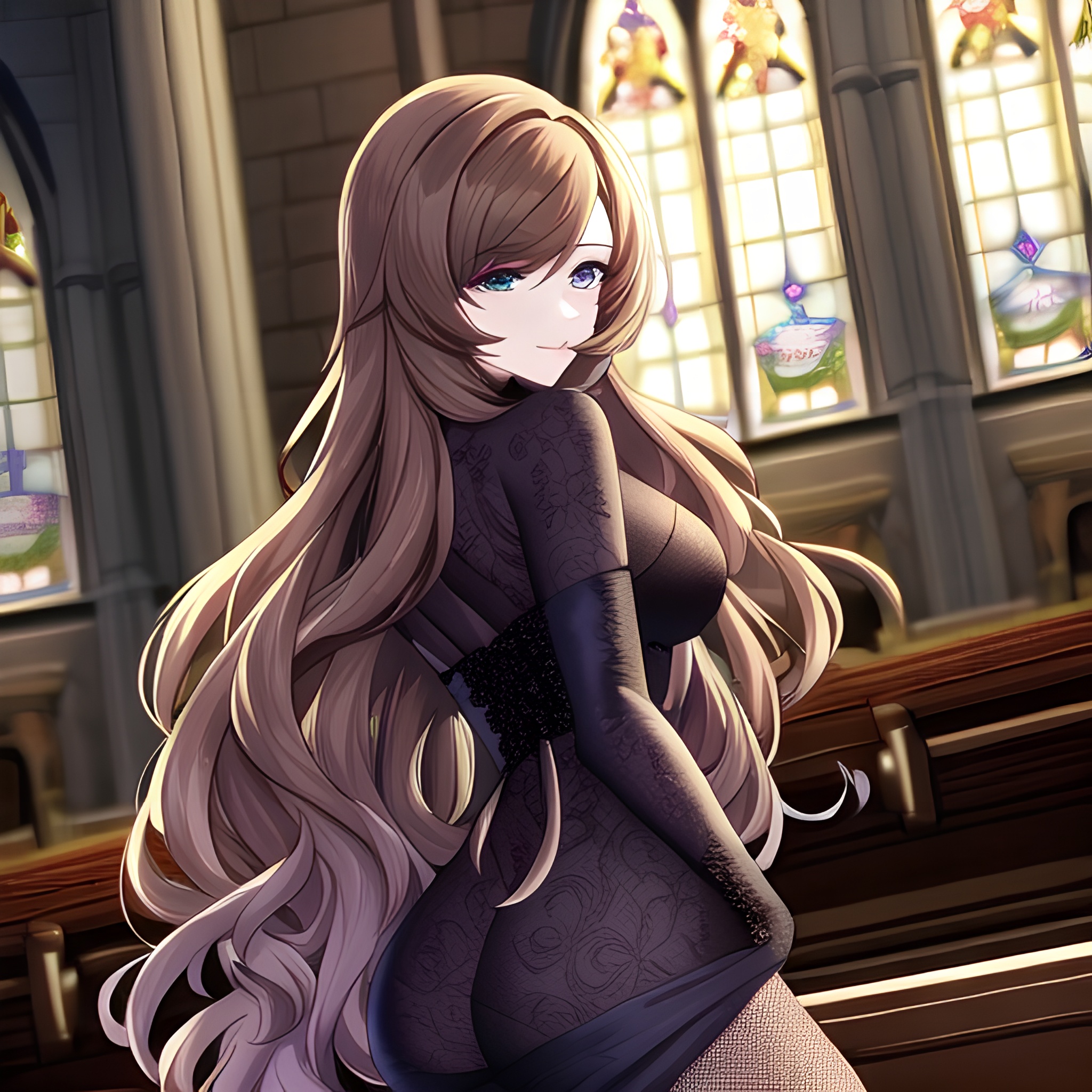 woman messy hair fishnet brunette long hair church 