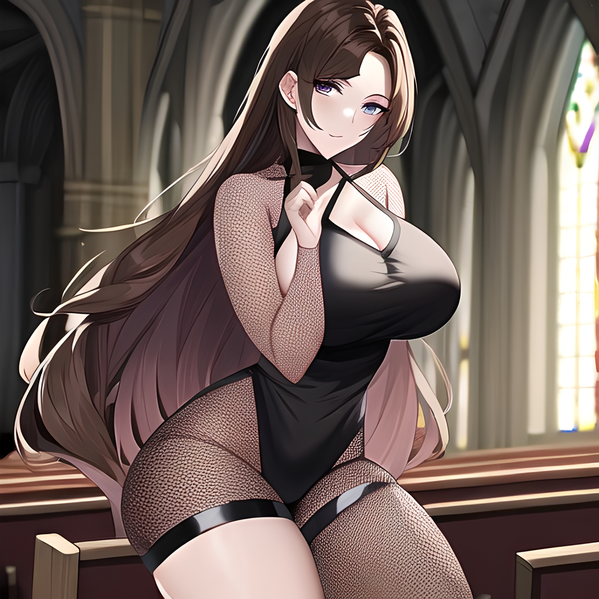 woman messy hair fishnet brunette long hair church 