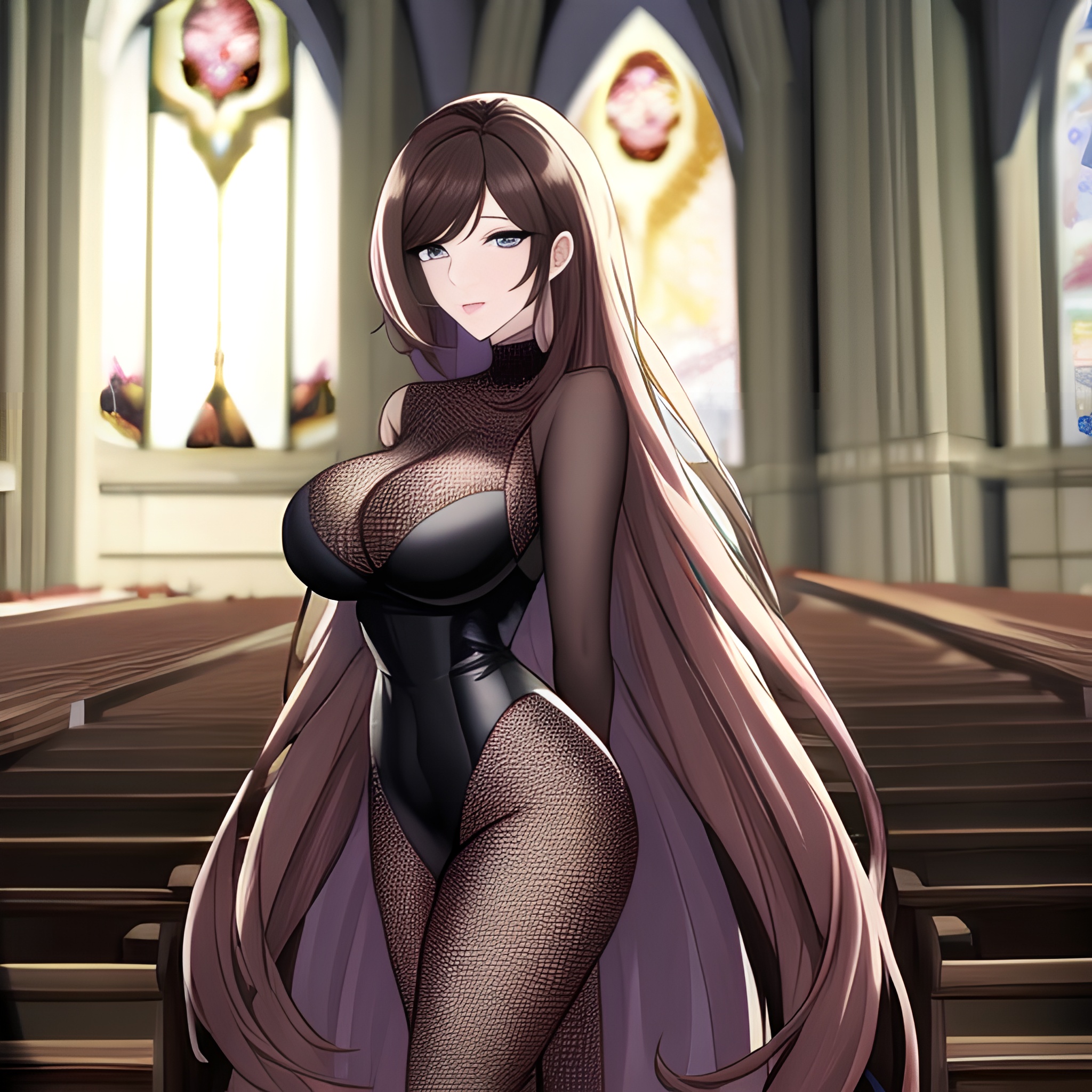 woman messy hair fishnet brunette long hair church 