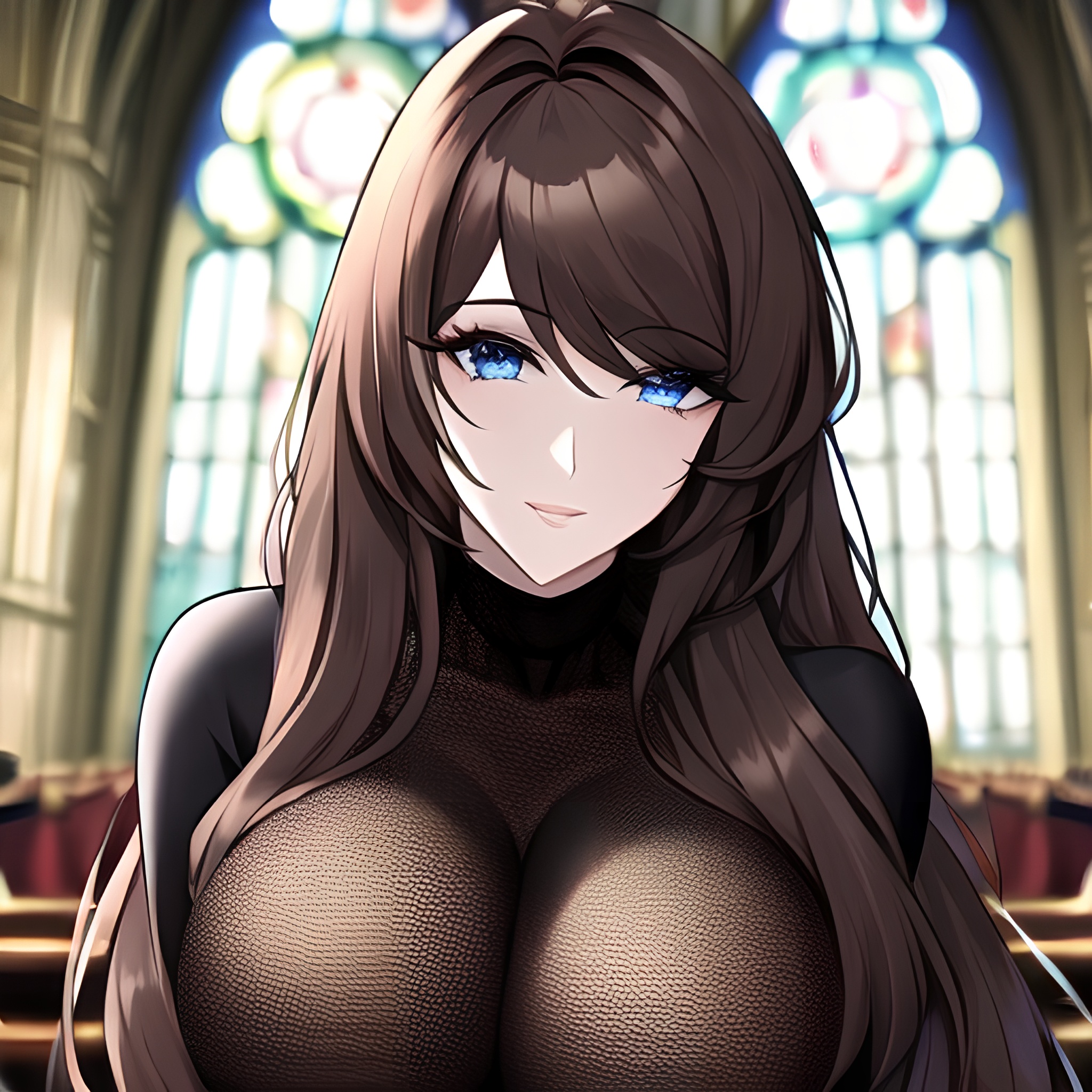 woman messy hair fishnet church long hair brunette 