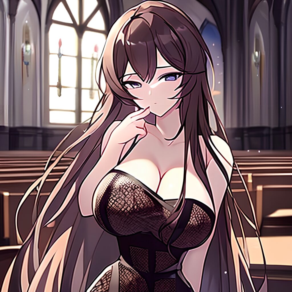 woman messy hair fishnet church long hair brunette 