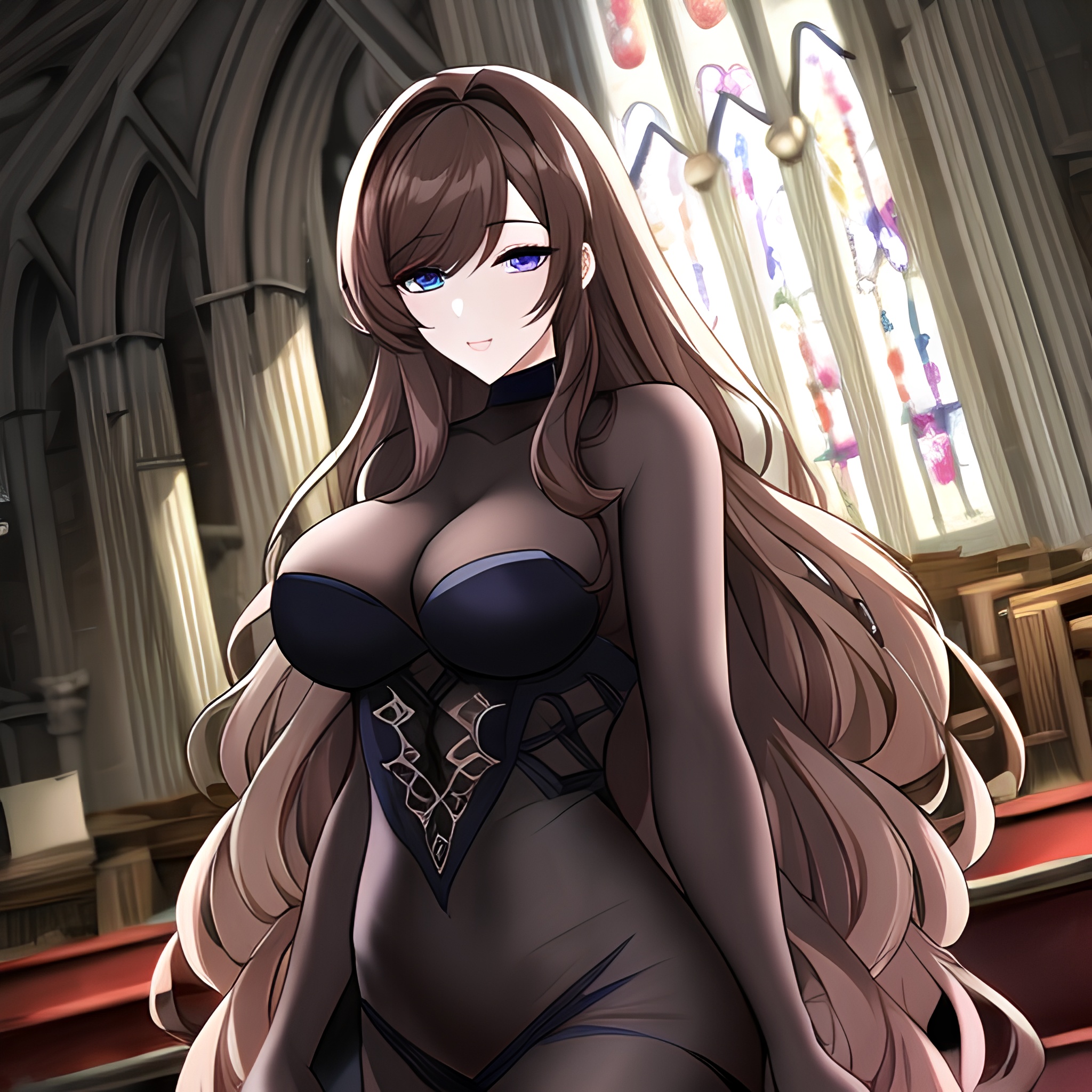 woman messy hair fishnet church long hair brunette 