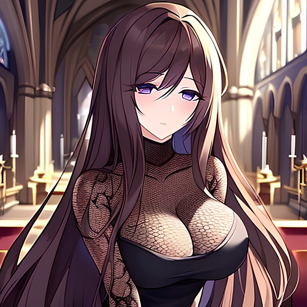 woman messy hair fishnet long hair brunette church 