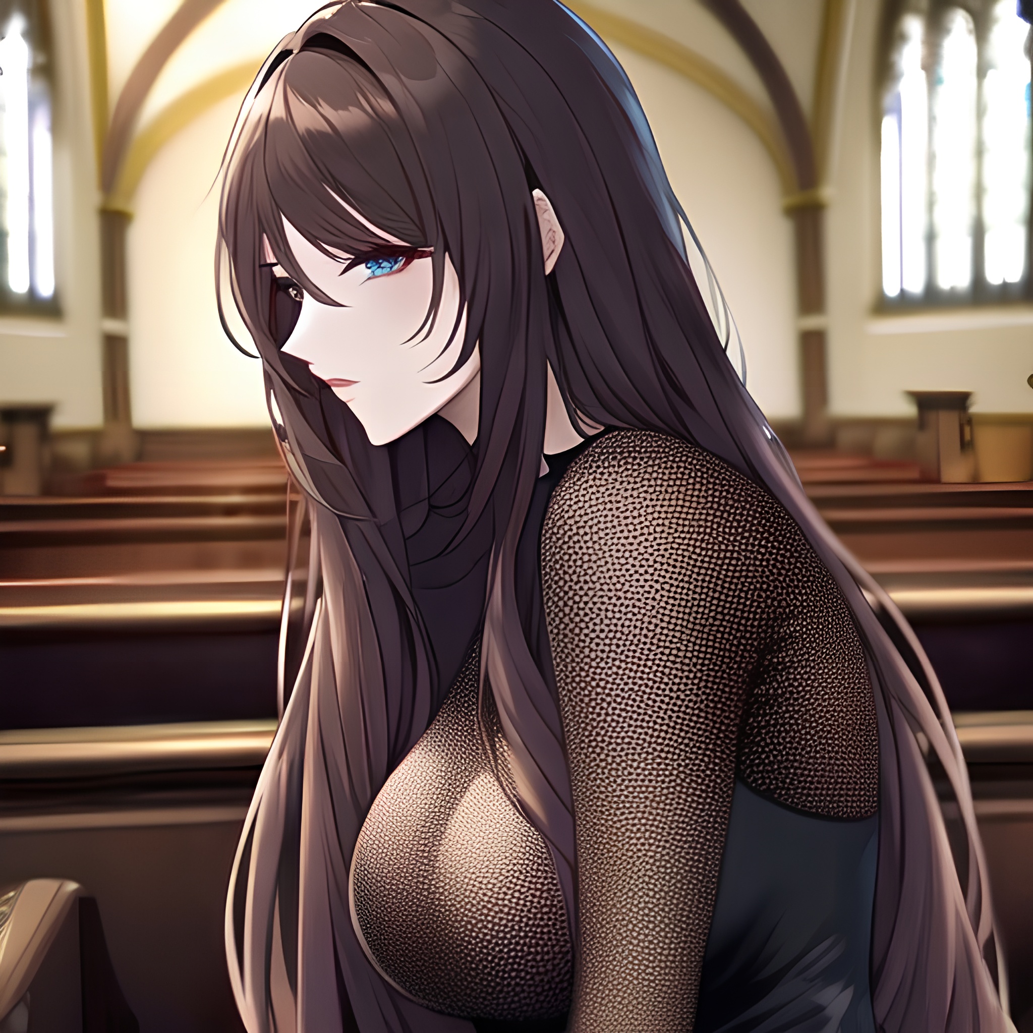 woman messy hair fishnet long hair brunette church 