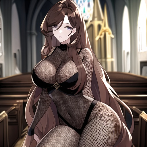 woman messy hair fishnet long hair brunette church 