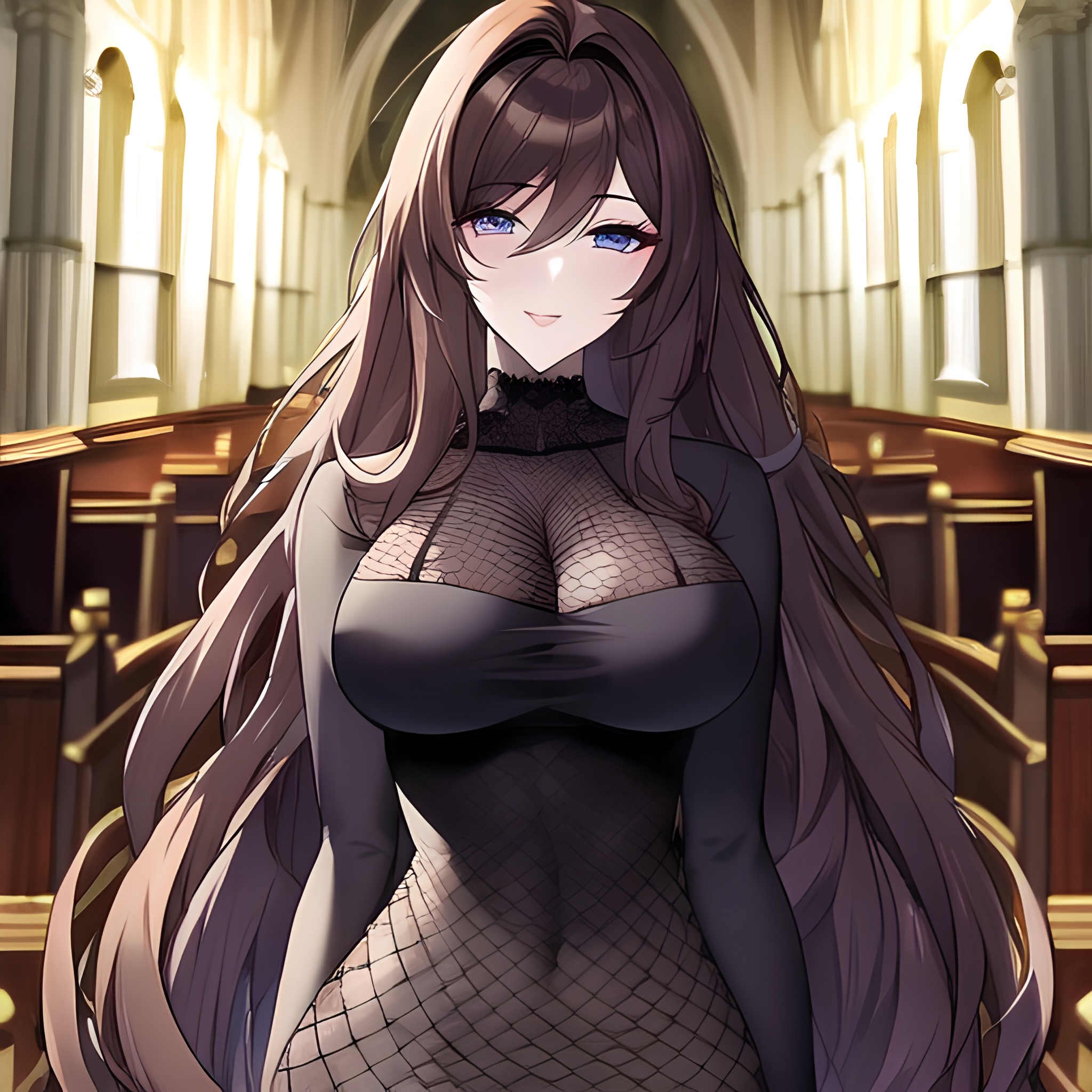 woman messy hair fishnet long hair church brunette 