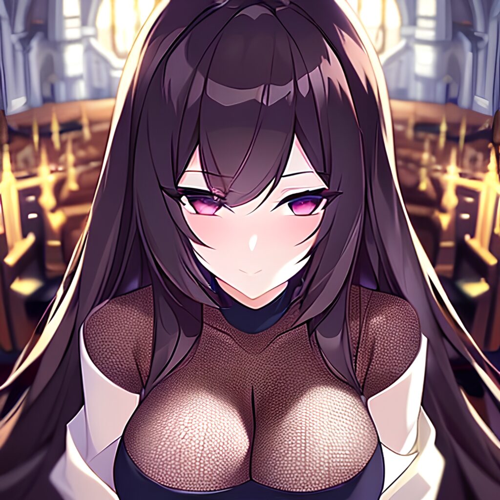 woman messy hair long hair brunette church fishnet 