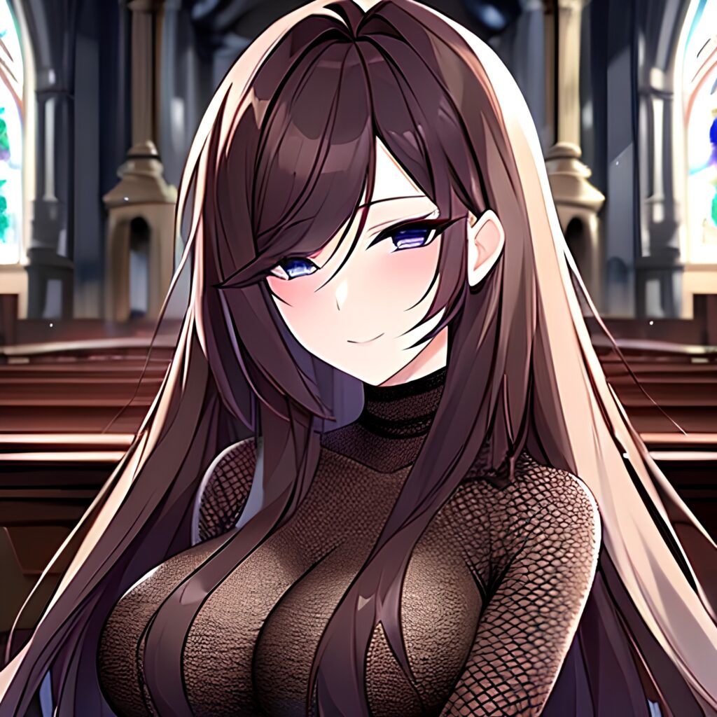 woman messy hair long hair brunette church fishnet 