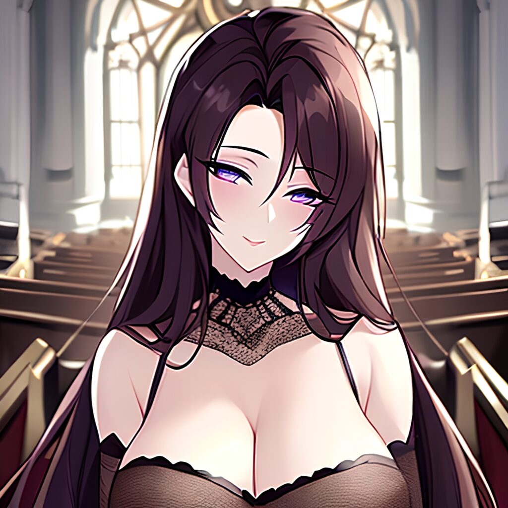 woman messy hair long hair brunette church fishnet 