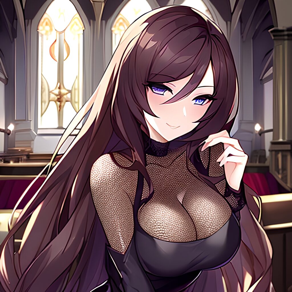 woman messy hair long hair brunette church fishnet