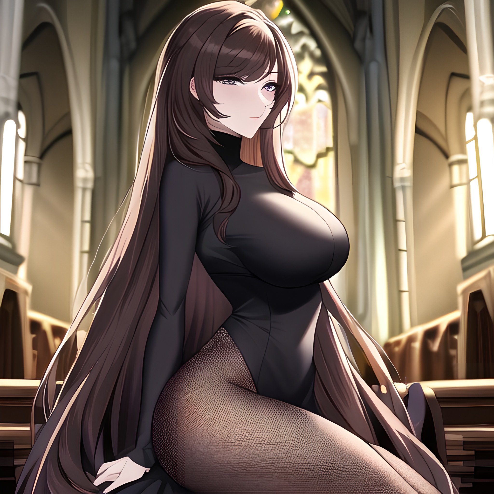 woman messy hair long hair brunette church fishnet 