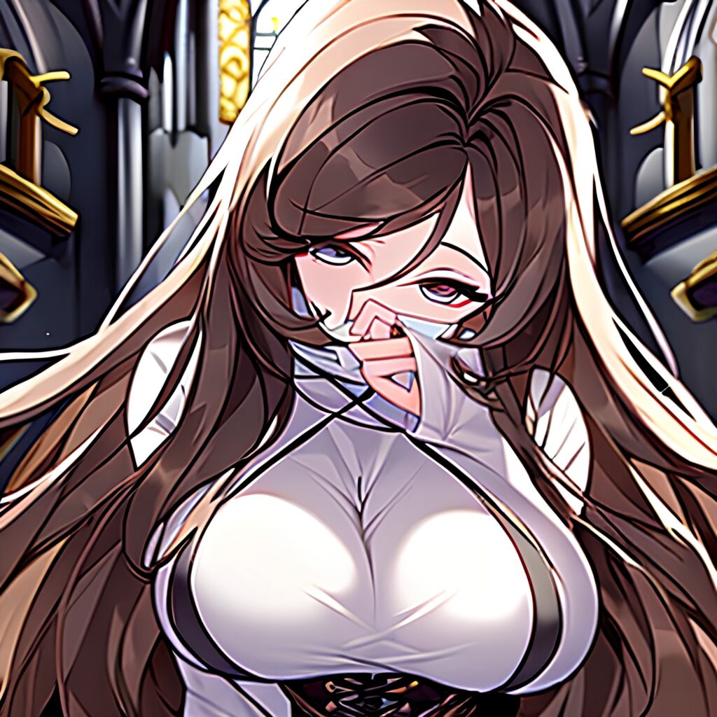 woman messy hair long hair brunette fishnet church 