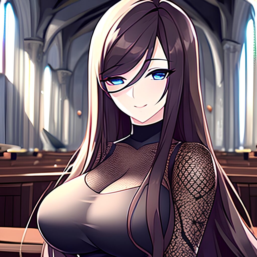 woman messy hair long hair brunette fishnet church 