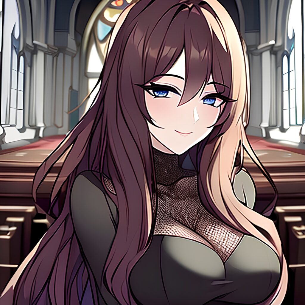 woman messy hair long hair church brunette fishnet 