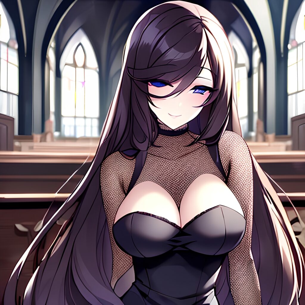 woman messy hair long hair church brunette fishnet 