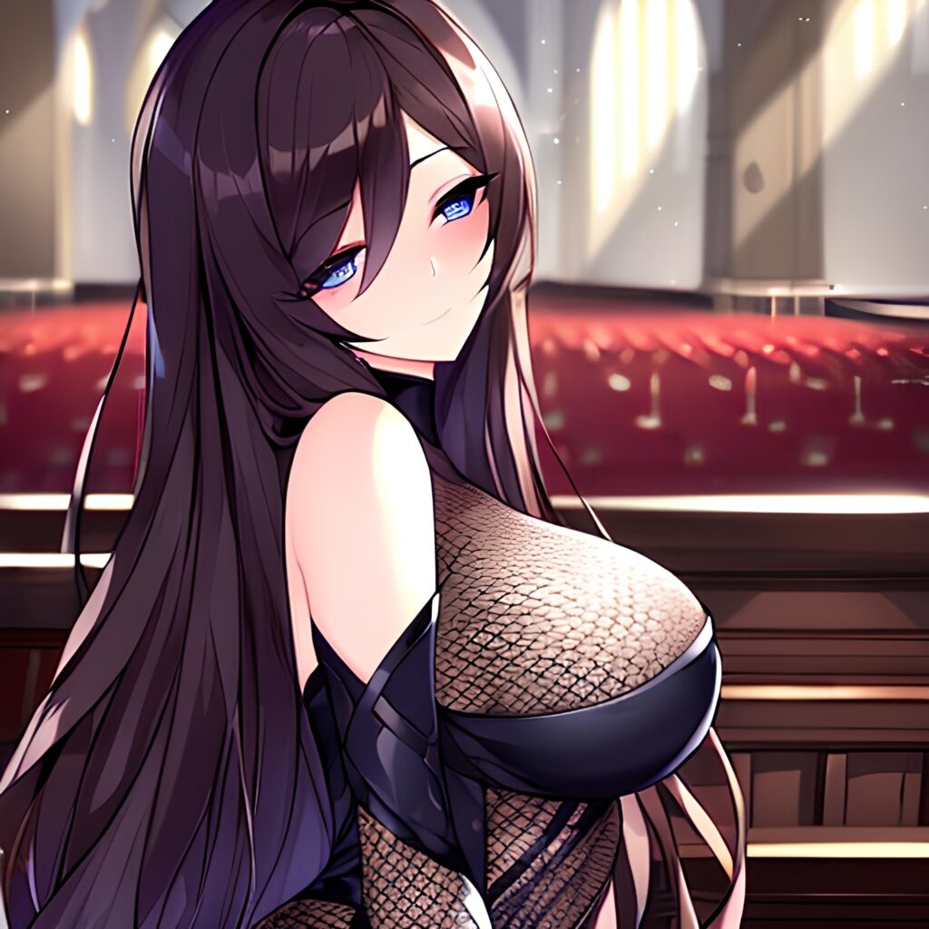 woman messy hair long hair church brunette fishnet 