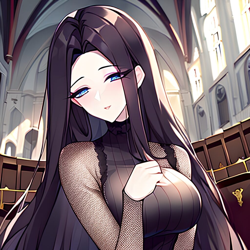 woman messy hair long hair church brunette fishnet 