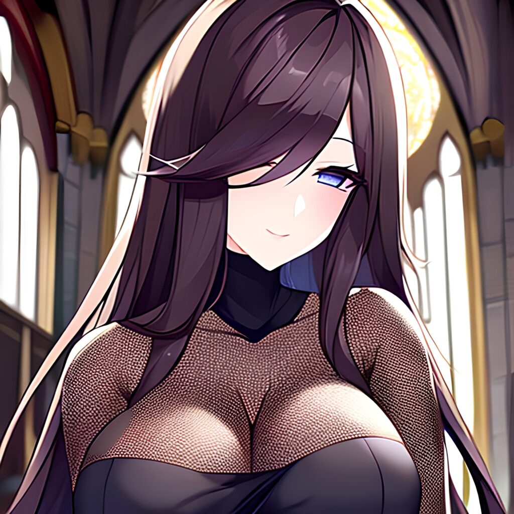 woman messy hair long hair church brunette fishnet 