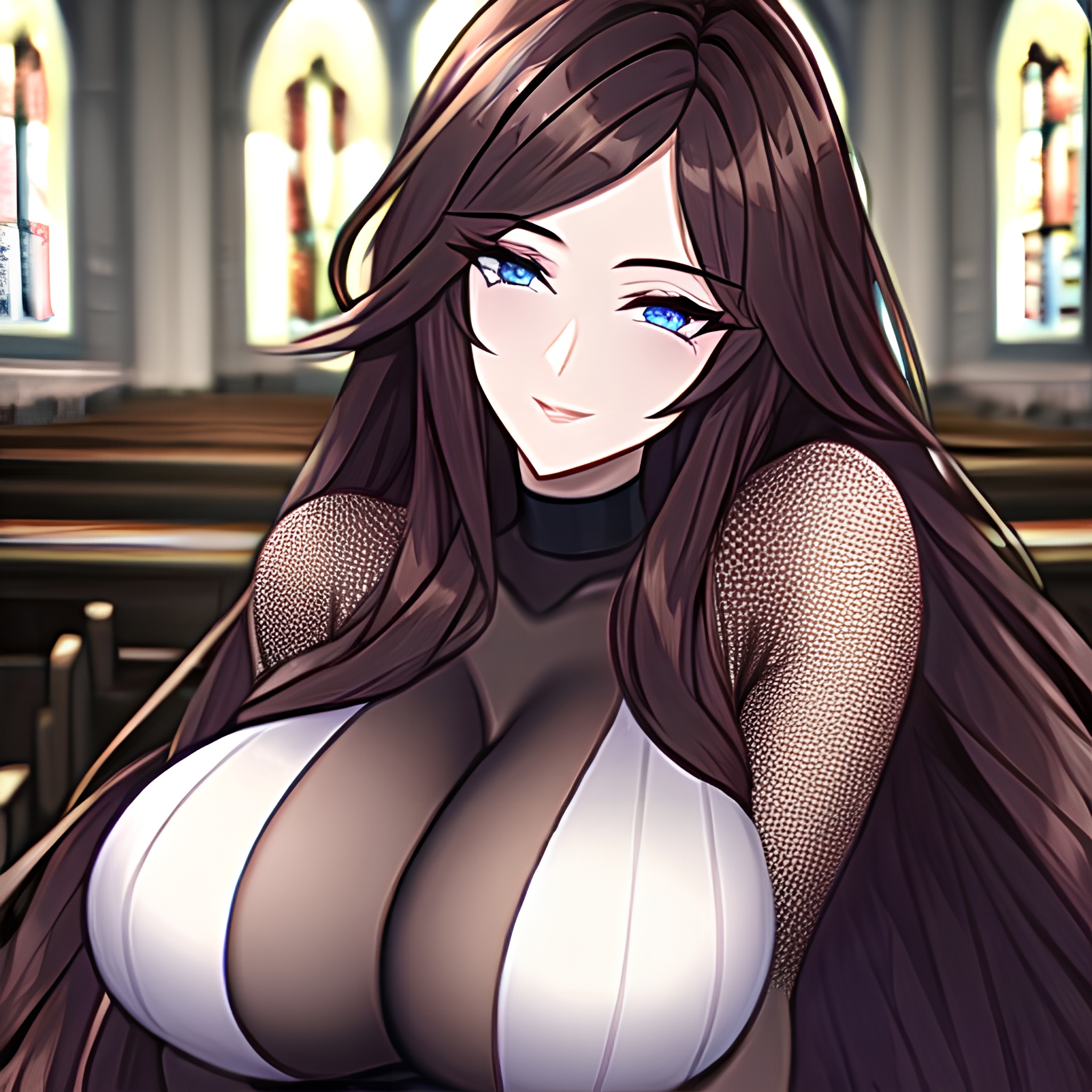 woman messy hair long hair fishnet church brunette 