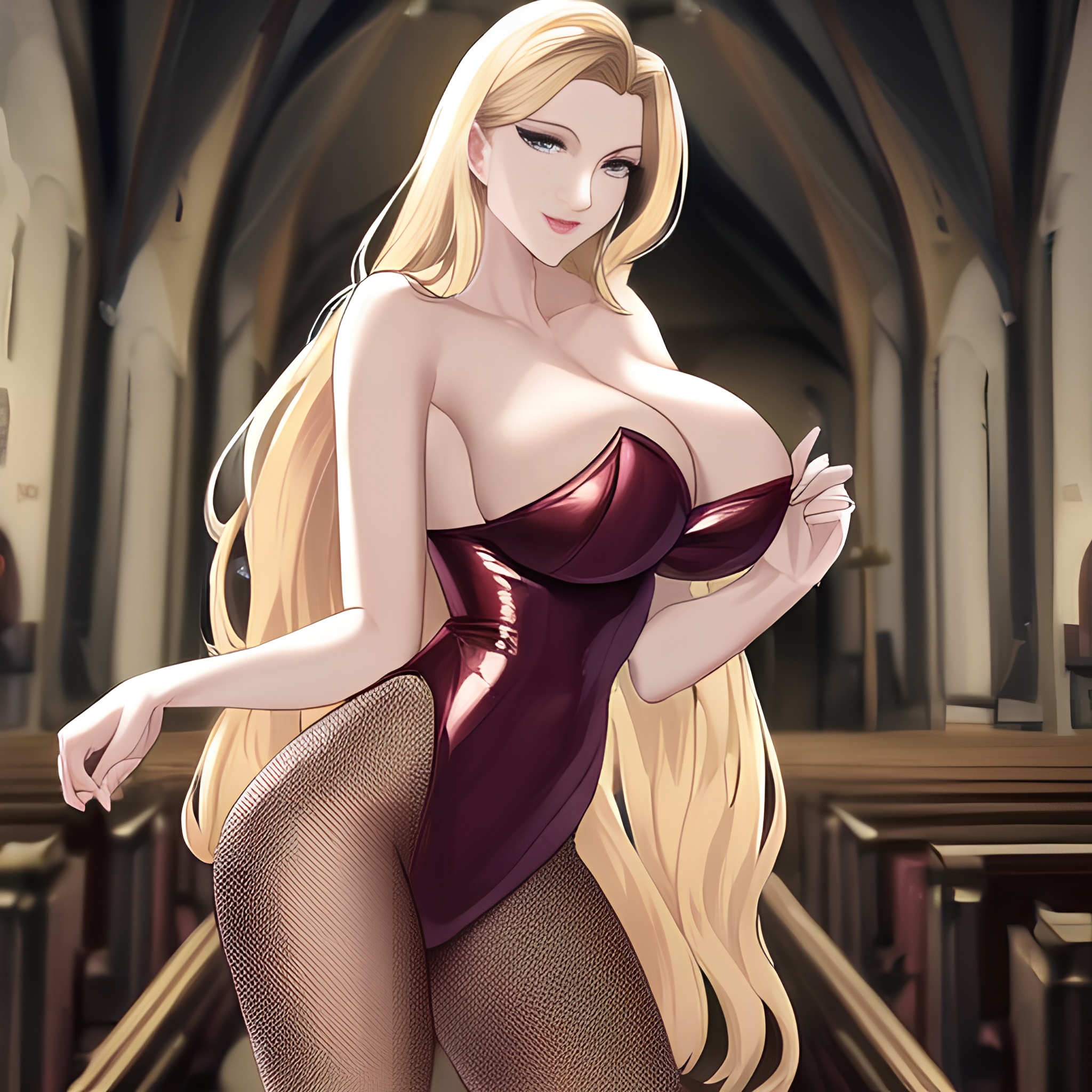 woman nude blonde long hair fishnet small boobs church front view 