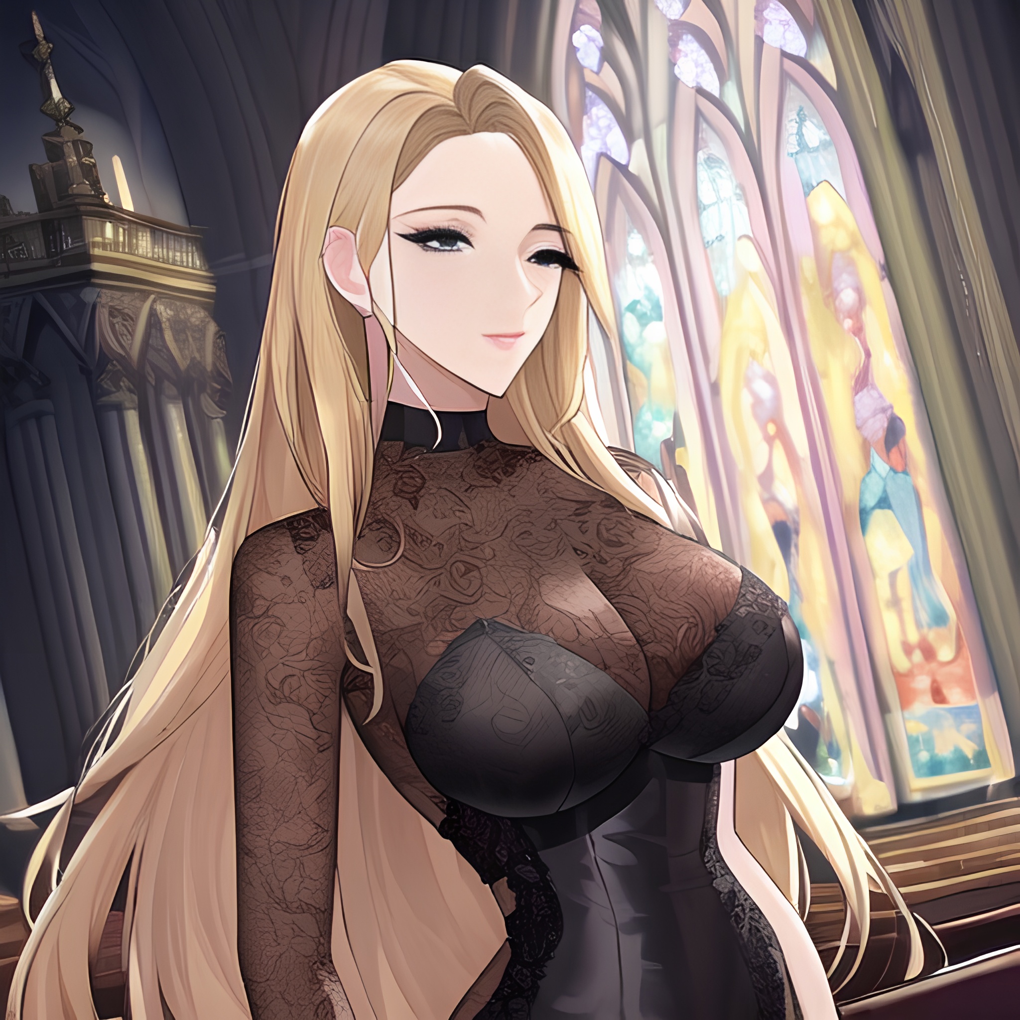 woman nude blonde small boobs long hair fishnet front view church 