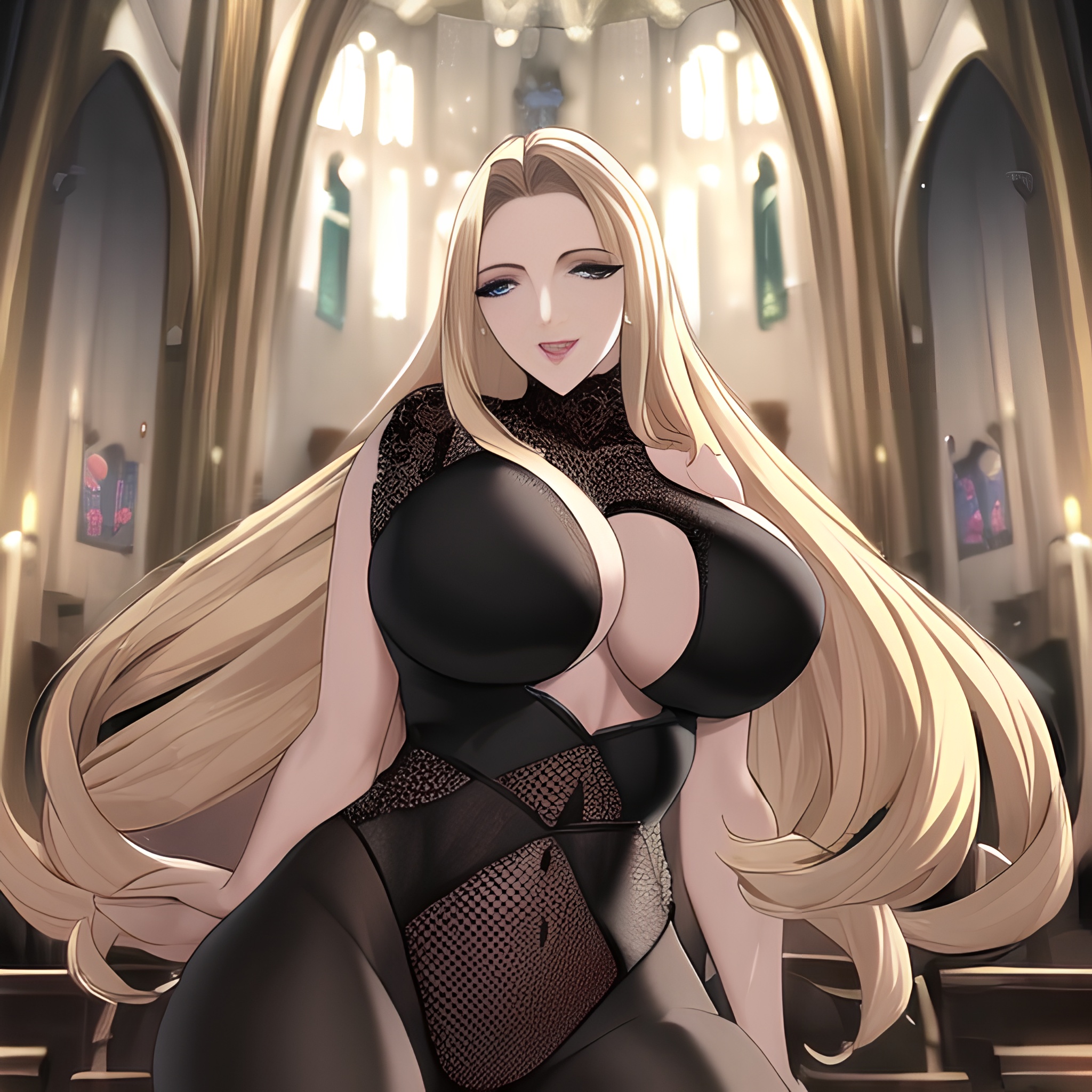 woman nude fishnet church long hair small boobs blonde front view 