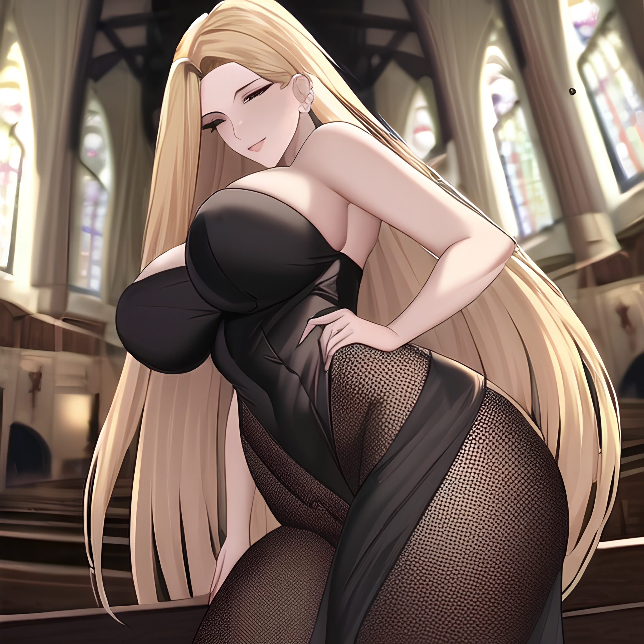 woman nude long hair blonde church small boobs fishnet front view 