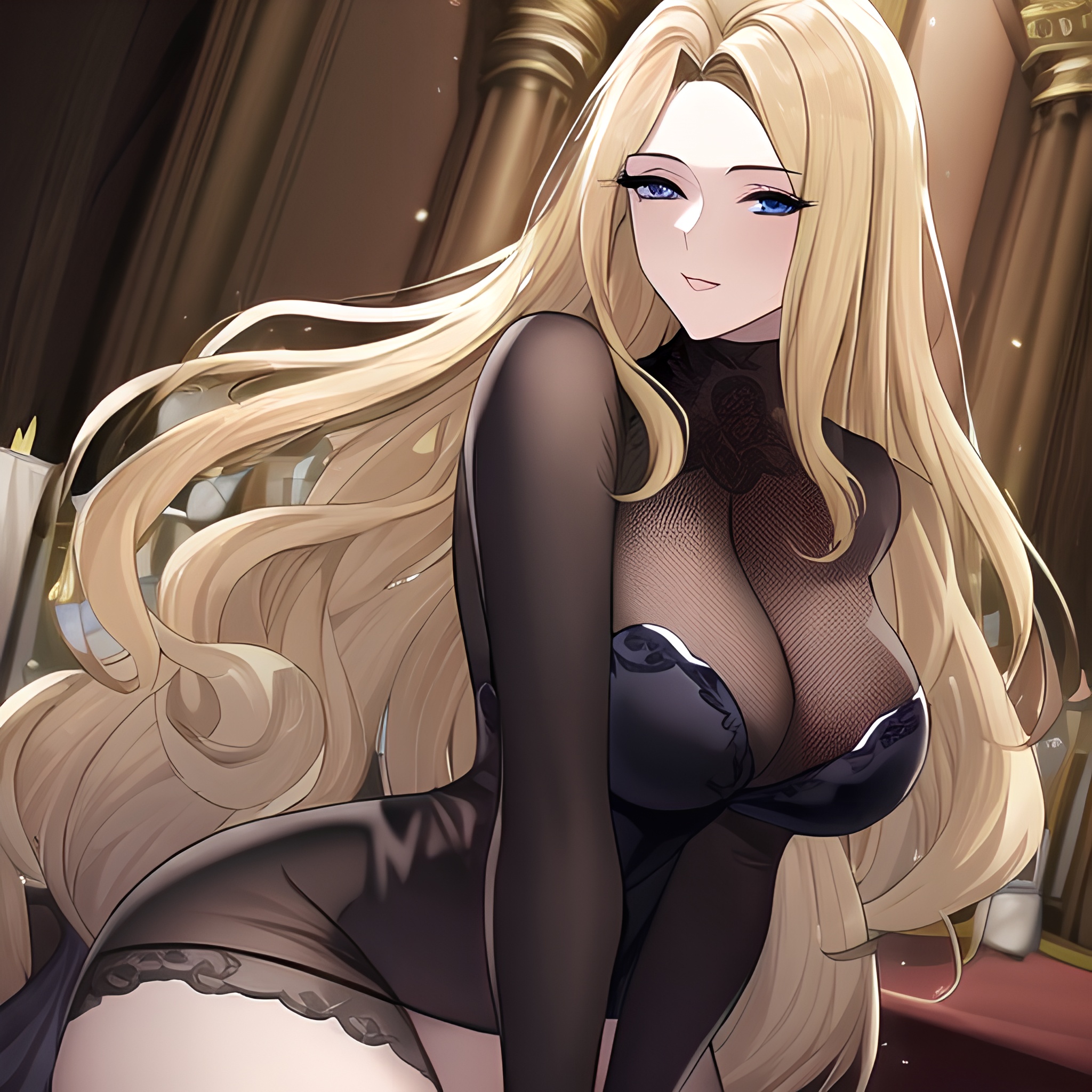 woman nude long hair blonde front view fishnet church small boobs