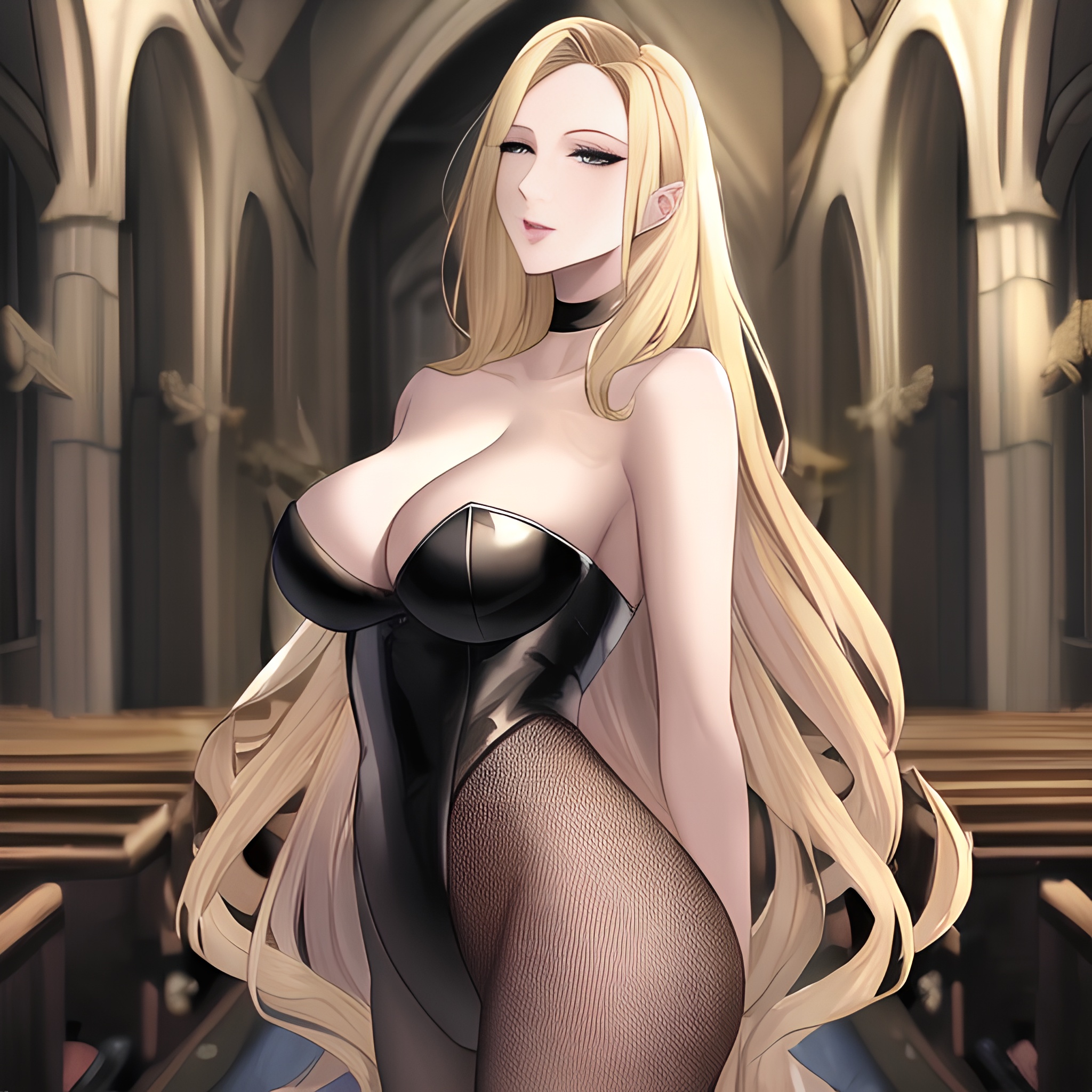 woman nude long hair church small boobs blonde front view fishnet 